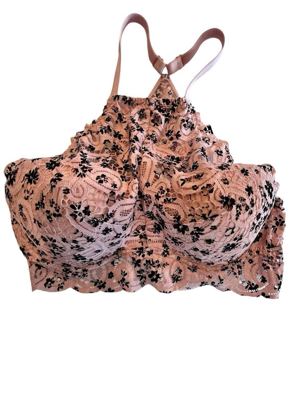 Victorias Secret PINK Bra Sz L Pink Underwire Lace Push Up High Neck Halter 2101